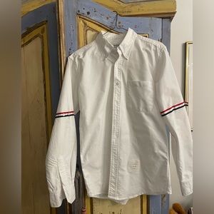 THOM BROWNE
Button-Down Collar Striped Grosgrain-Trimmed Cotton-Poplin Shirt